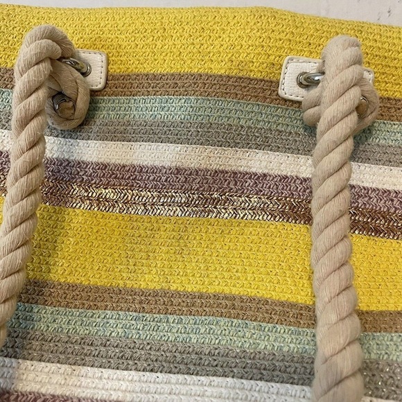 Paper Straw Tote Bag Yellow Multi Striped Zip Closure Medium Rope Handle… - Picture 6 of 9